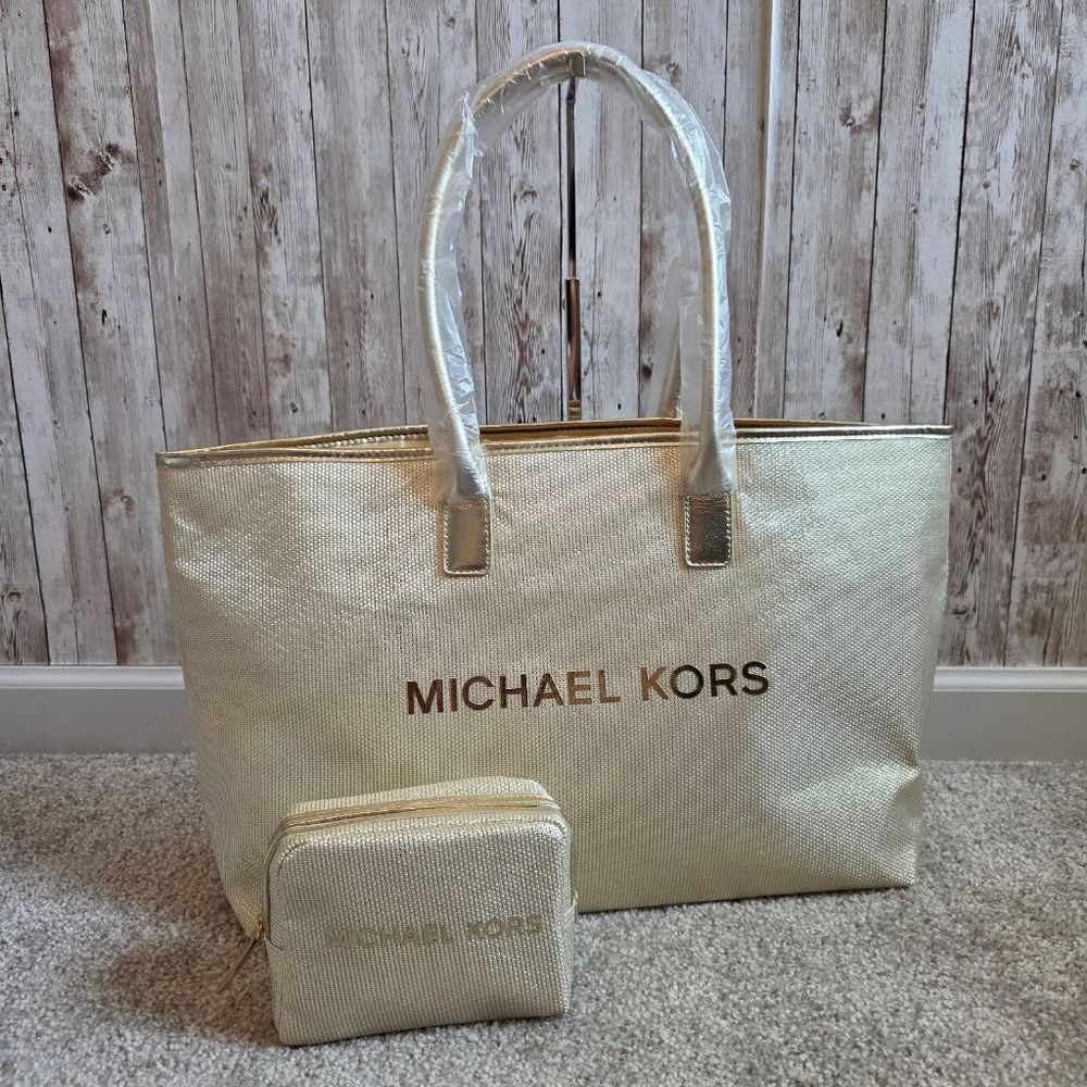 Michael Kors Tote Bag Gold with Matching Cosmetic Bag